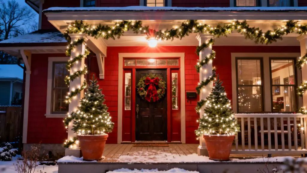 A Christmas porch scene. A fresh fir garland with clear micro-lights is wrapped around the porch columns. Two Christmas tree planters.