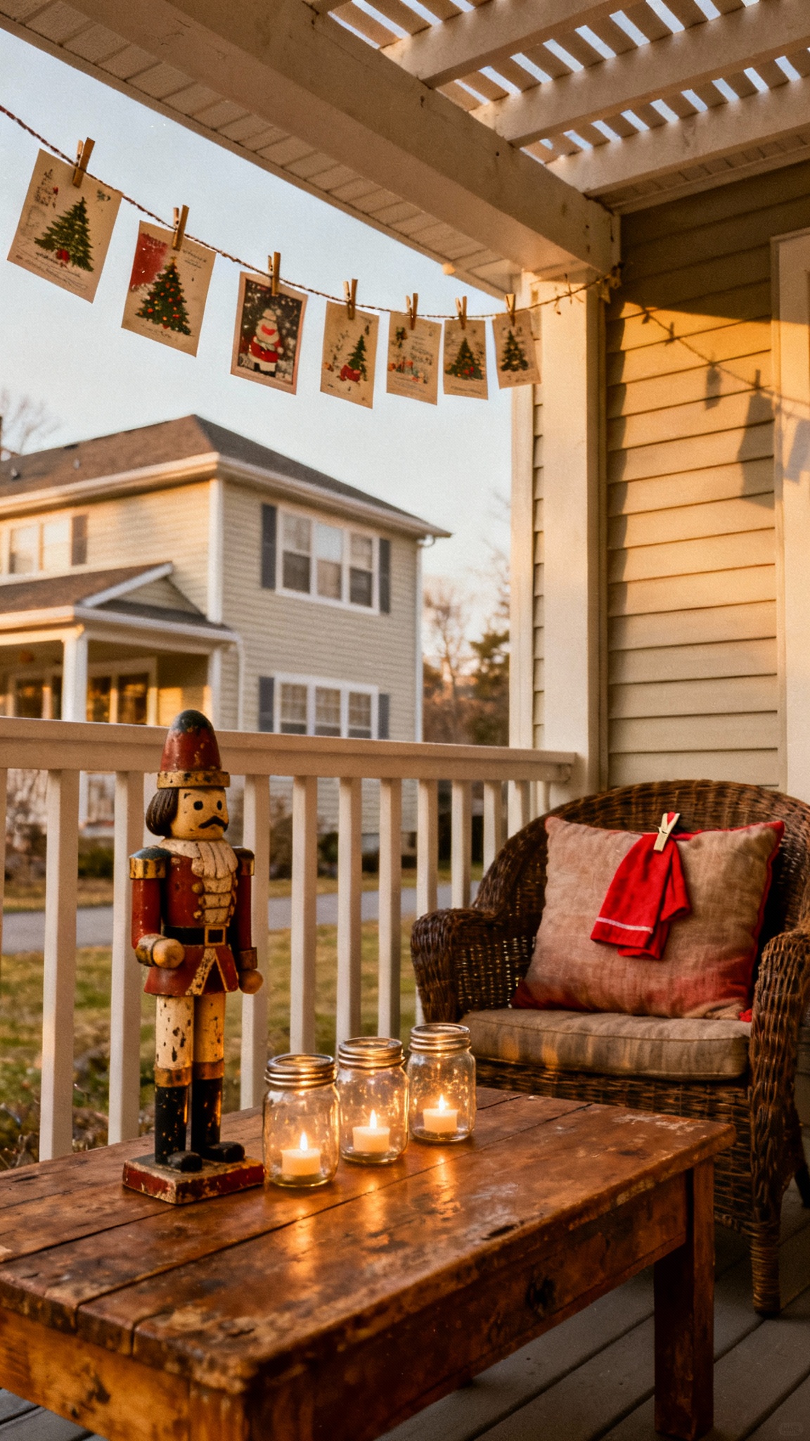 Christmas decorated patio ideas: Old wooden coffee table displays a charmingly worn nutcracker and three Mason jars containing battery-powered tea lights