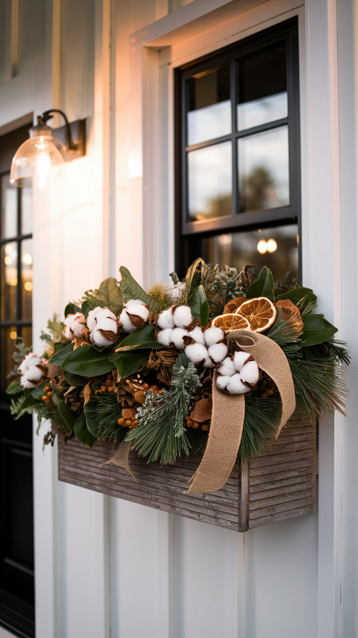Window box with a mix of pine, magnolia leaves, and cedar. It's adorned with a burlap bow, cotton bolls, and dried orange slices
