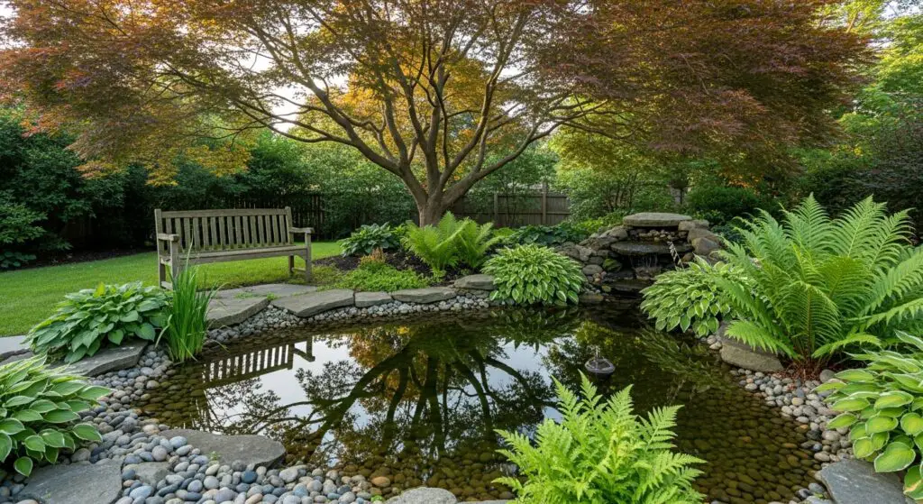 Backyard water feature: mature Japanese Maple tree. A natural stone in-ground pond edged with smooth river rocks and ferns and hostas