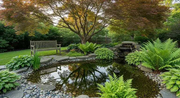 Backyard water feature: Japanese Maple tree next to a natural stone in-ground pond edged with smooth river rocks, ferns and hostas