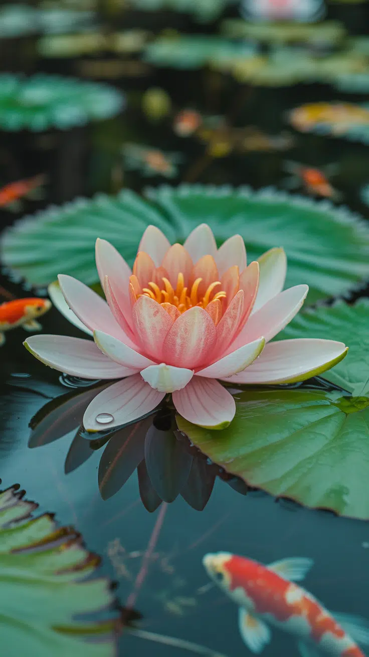 Pink water lily (Nymphaea) flower floating on the surface of a clear pond.  Shadows of koi  fish