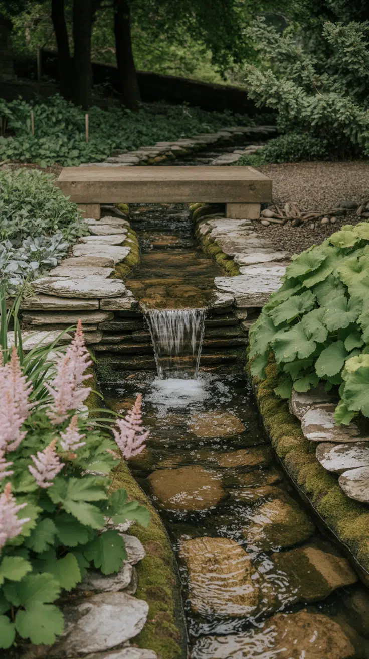 Backyard water feature: Shallow tiered stream with mini water falls