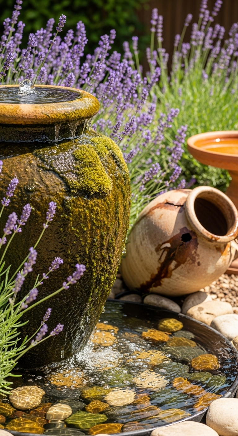 Backyard water feature: Large, weathered urn is nestled in a bed of lavender and catmint. Moss-grown sides