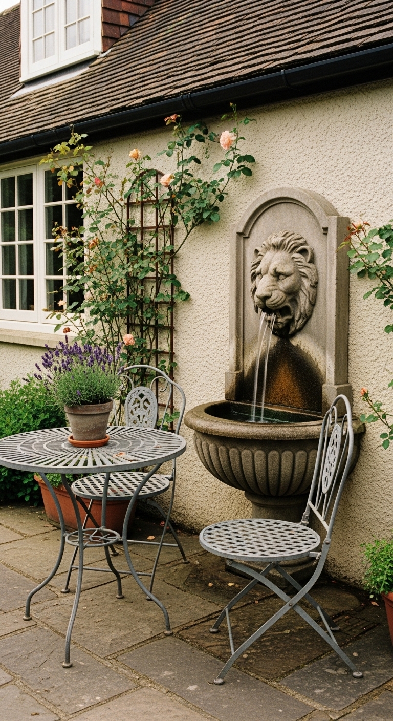 Backyard water feature: A wall-mounted lion's head fountain