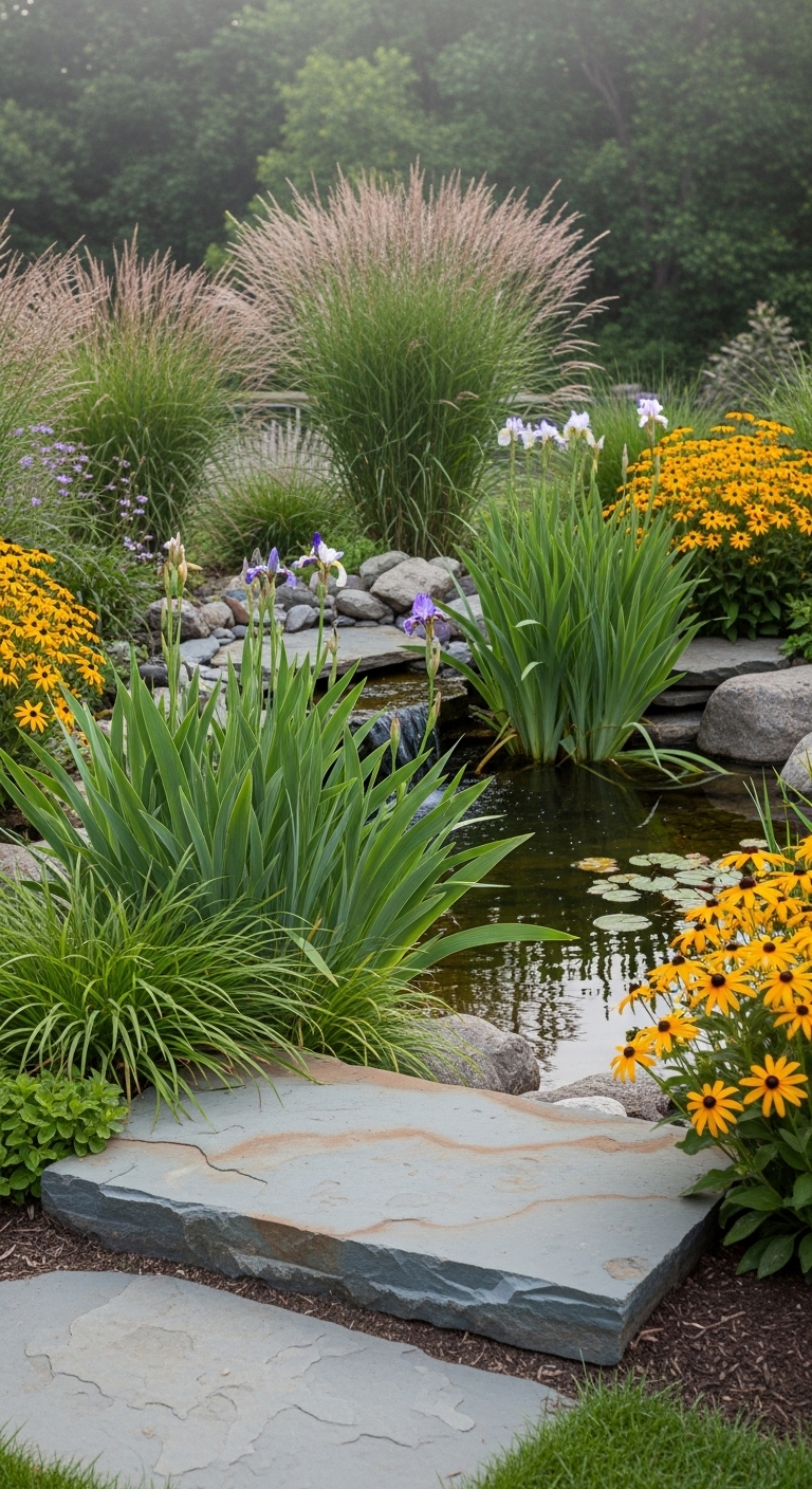 Backyard water feature: landscaped backyard water feature Backyard water feature:  a small pond surrounded by feathery grasses (Miscanthus), spiky Iris leaves, and clumps of Black-Eyed Susans