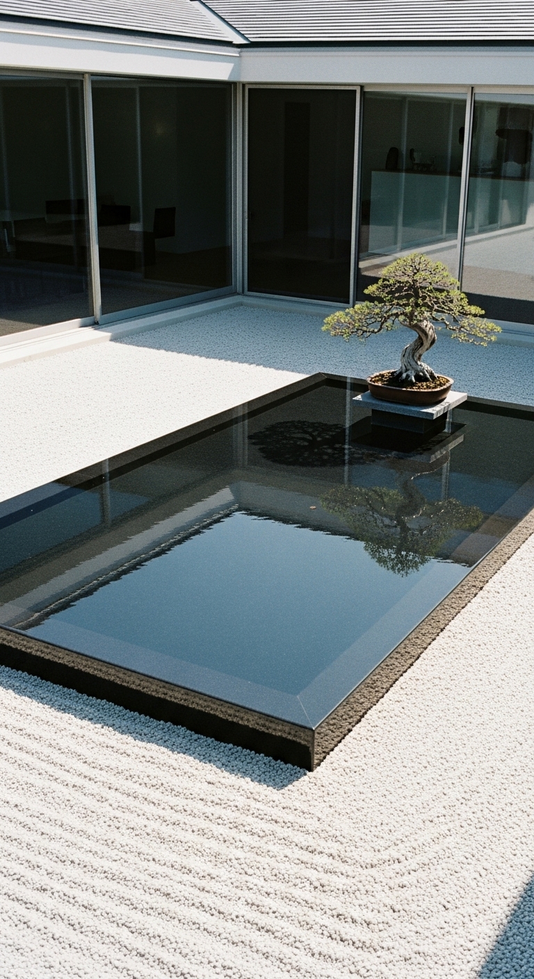 Backyard water feature A minimalist, Zen courtyard garden. A rectangular, shallow reflecting pool made of dark polished granite sits in the center of a crushed gravel patio