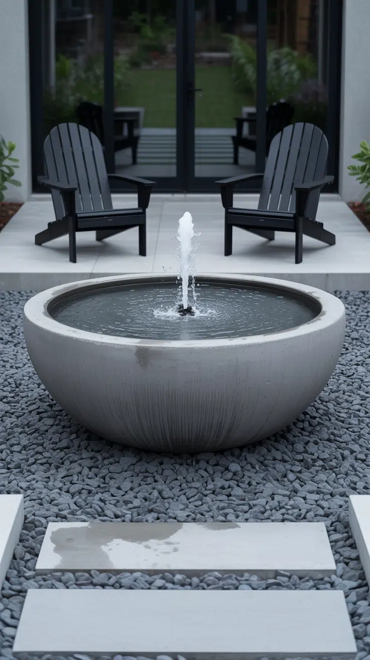 Backyard water feature: concrete basin water feature as a modern small backyard focal point