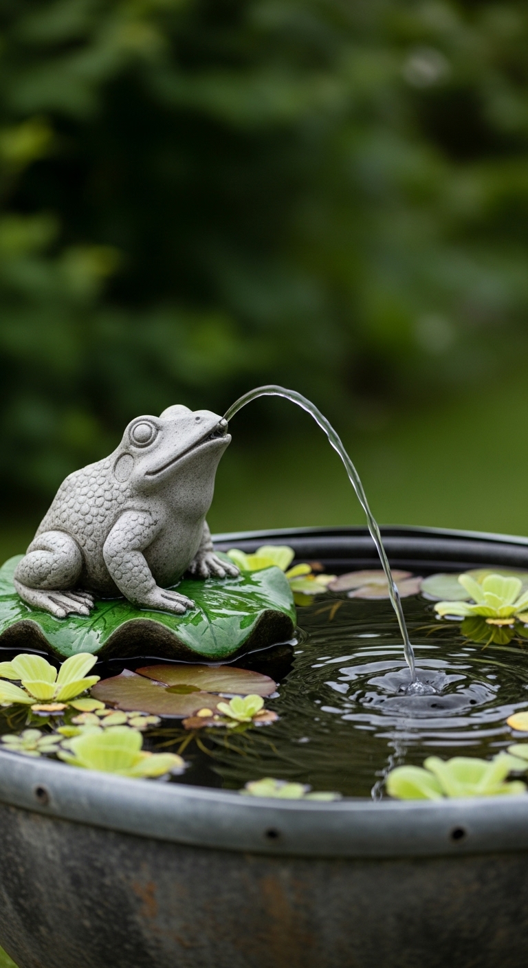 Backyard water feature a stone frog spitter fountain
