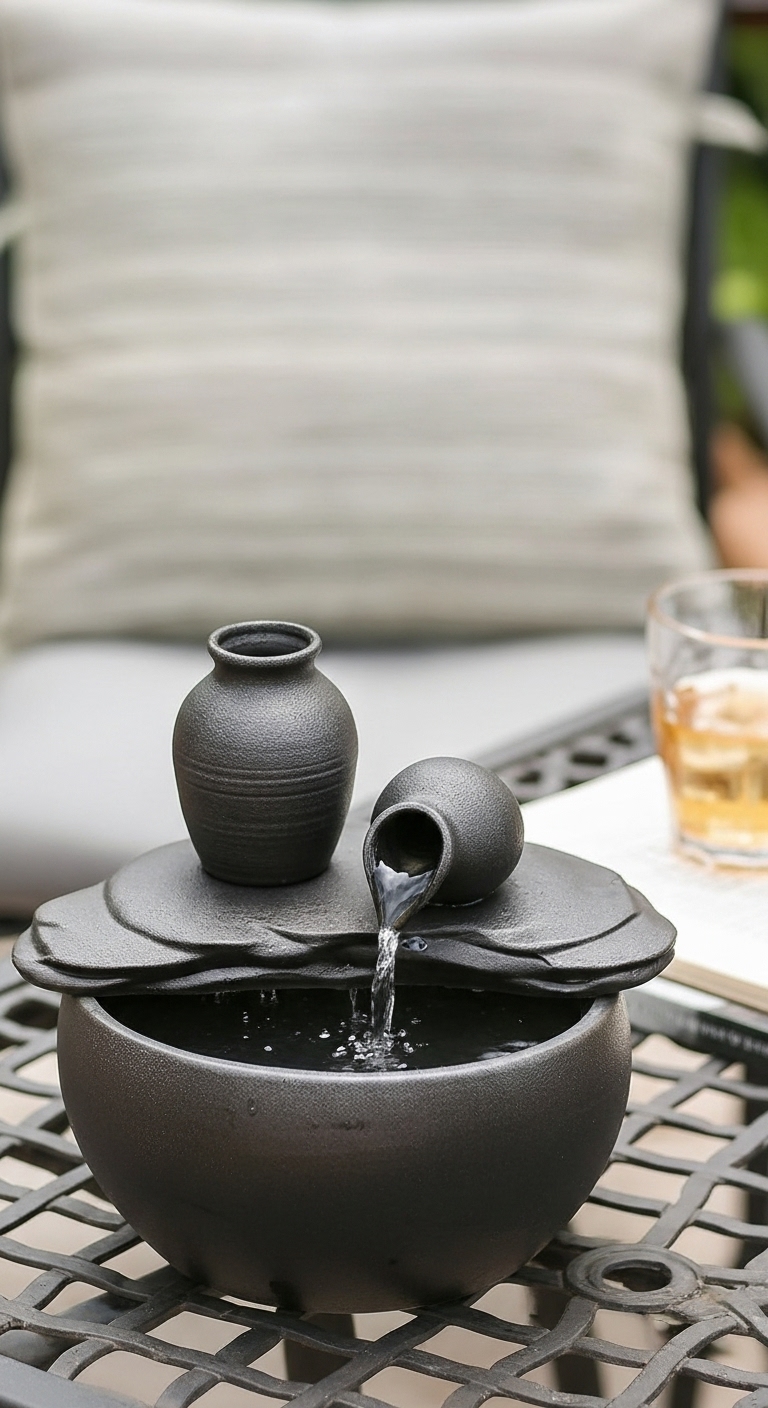 Backyard water features  tabletop fountain on a wrought-iron patio table