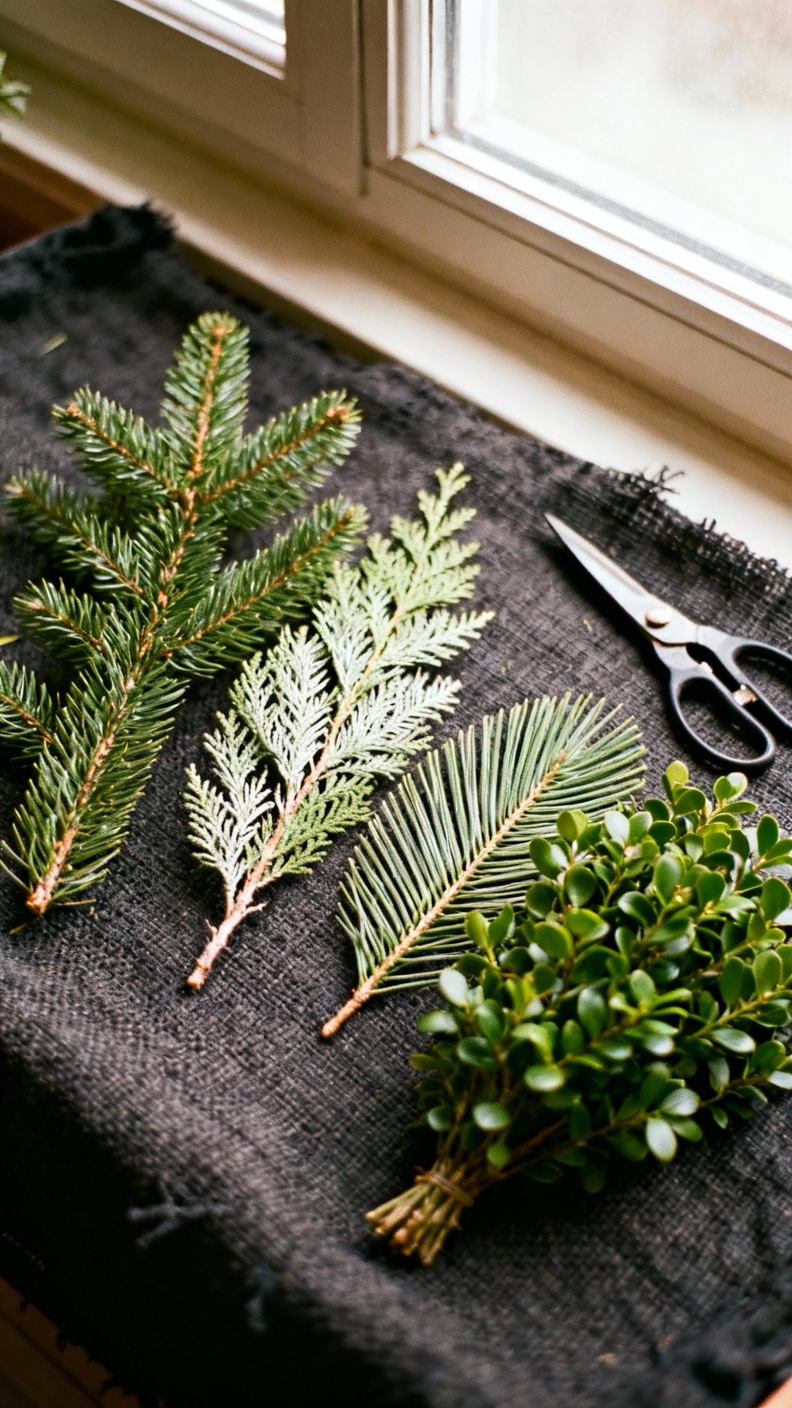 different types of window box Christmas greenery. Sprigs of Fraser Fir, White Pine, Cedar, and Boxwood
