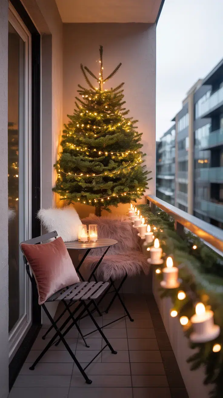 Christmas Balcony: narrow 4-foot-by-8-foot apartment balcony featuring the Rule of Three design concept. A slim 5-foot pre-lit Christmas tree stands in one corner as the focal point