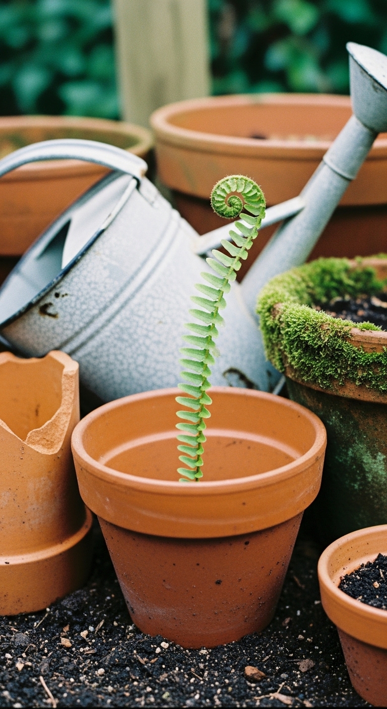 A collection of vintage terracotta pots of various sizes and ages are clustered together. One pot is chipped, another has a beautiful patina of moss. Tucked among them is a chipped enamel watering can. A cluttercore garden