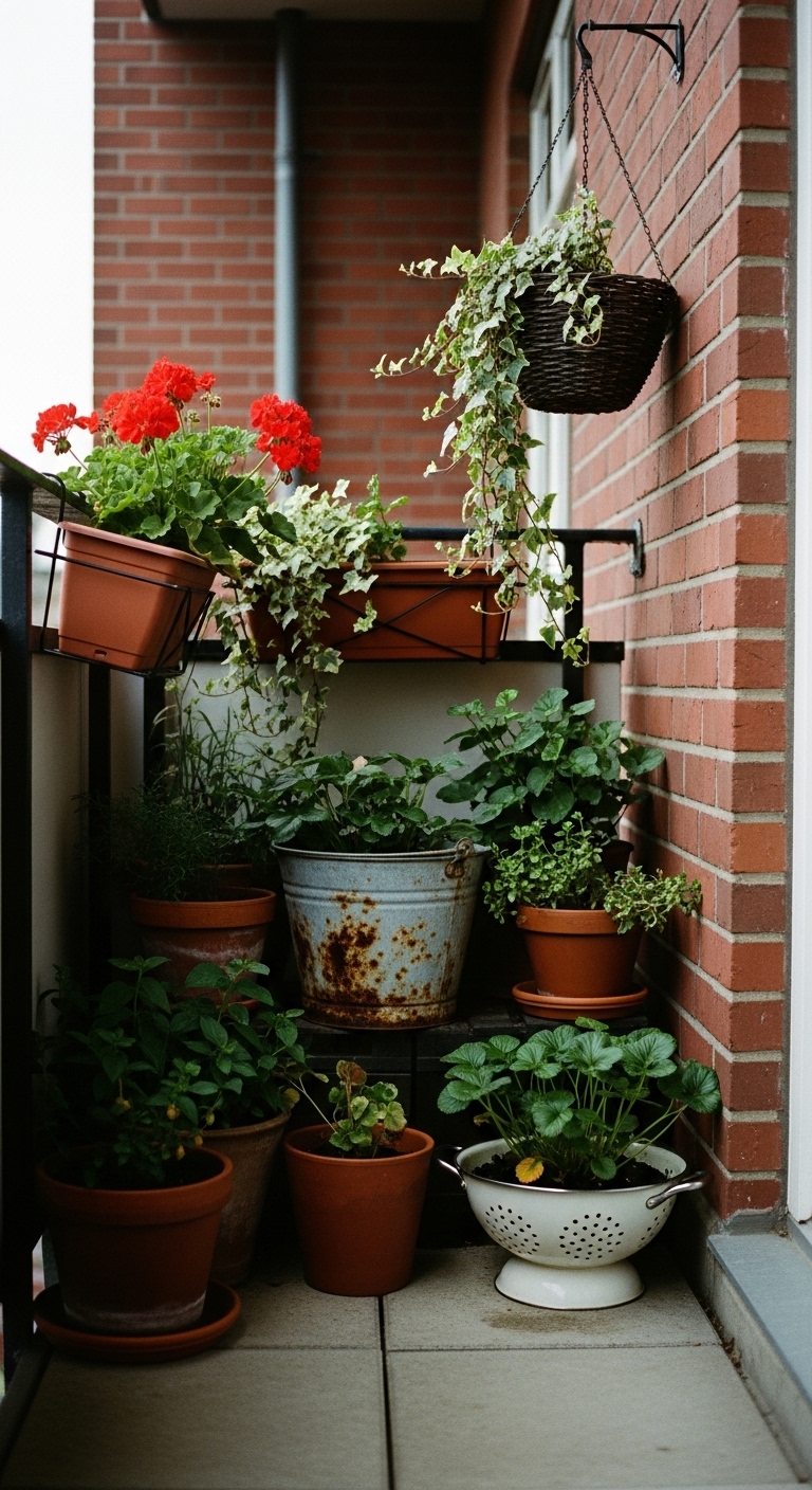 A cluttercore garden on a small apartment balcony. A collection of containers overflows with plants: mismatched terracotta pots, a galvanized metal bucket with rust spots, and a repurposed colander holding a cluster of strawberry plants. Trailing ivy spills from a hanging basket, and vibrant red geraniums