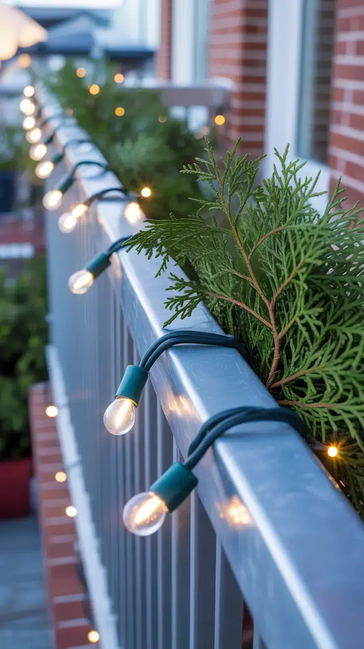 Christmas Balcony: Close-up detail of a balcony railing decorated with renter-friendly fixings