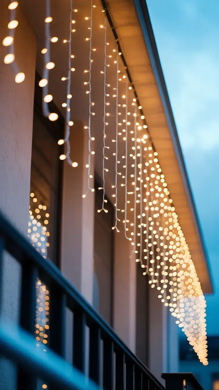 Christmas Balcony: perfectly spaced Christmas lights creating an elegant scallop pattern