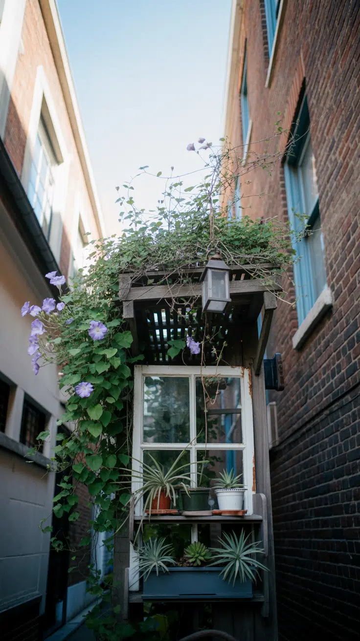 A cluttercore garden: old, weathered wooden trellis is attached to the brick wall, with a tangle of climbing clematis and purple morning glories. Mounted on the wall are three vintage window frames of different sizes, each holding small, potted succulents and air plants