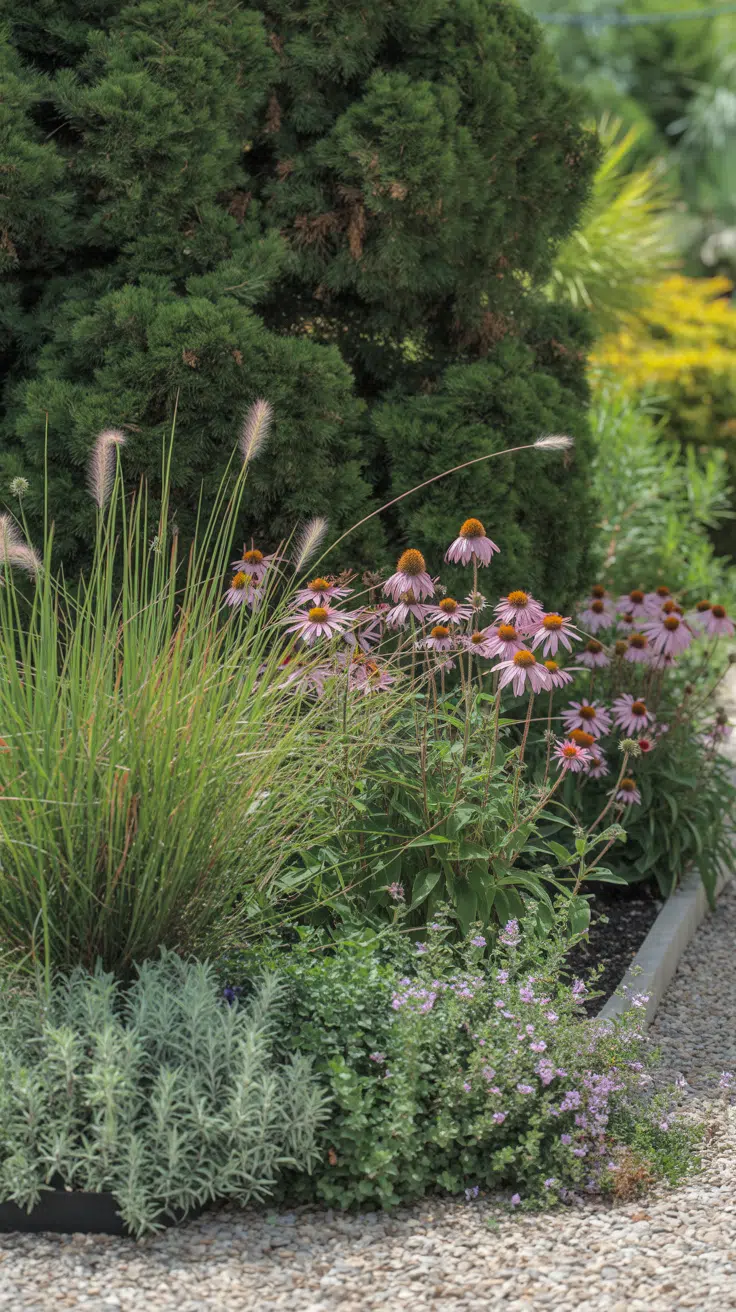 a cluttercore garden border that clearly shows distinct layers. In the back, a dark green evergreen shrub provides structure. In front of it, a mix of ornamental grasses and purple coneflowers creates a mid-height screen. In the foreground, low-growing lamb's ear and creeping thyme spill onto the edge of a gravel path