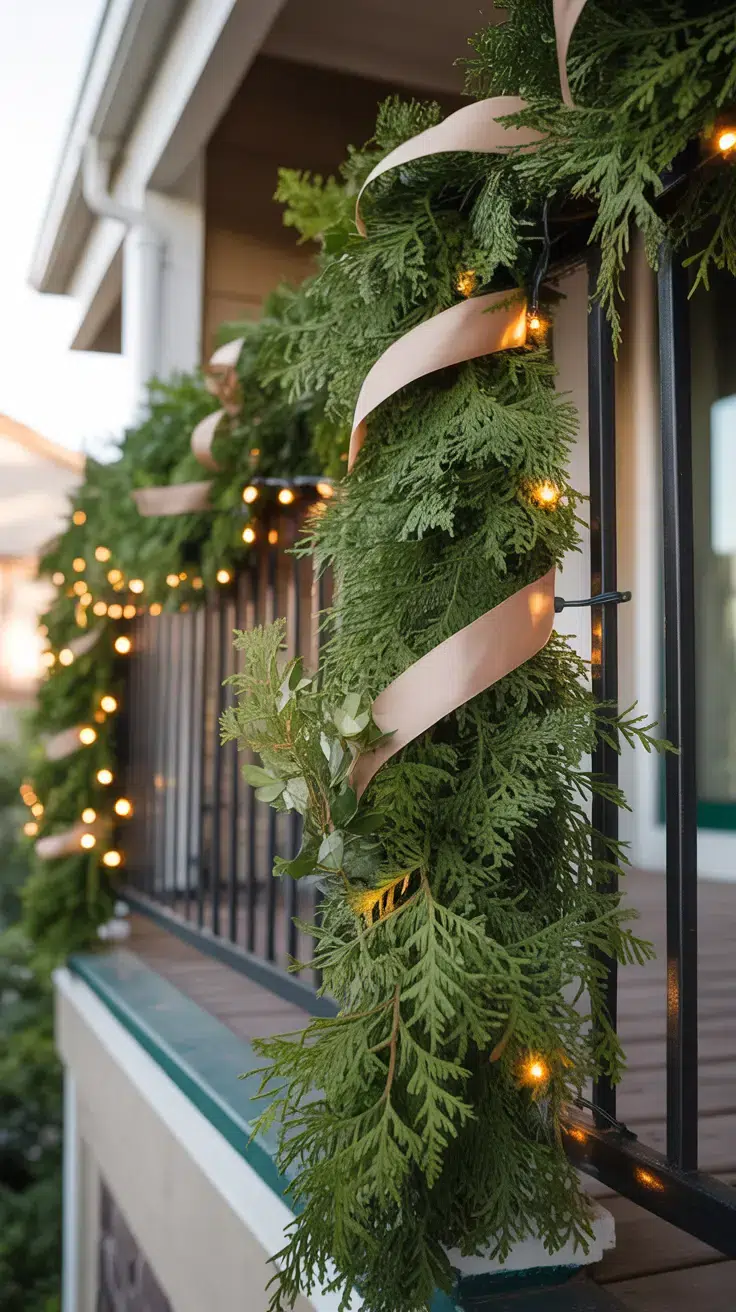 Christmas Balcony: cedar garland that is properly zip-tied to the railing first, then wrapped with LED lights