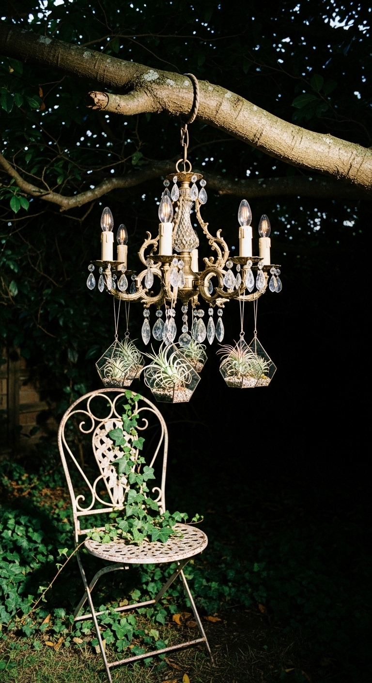 A cluttercore garden shady corner of a garden, an old, ornate brass chandelier hangs from the low-hanging branch of a large tree. Attached to the chandelier small glass terrariums holding tiny air plants