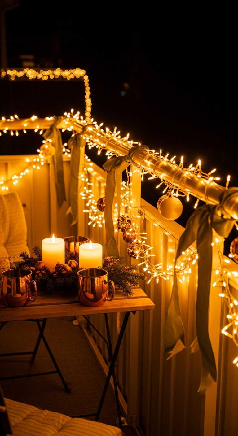 A Christmas balcony decorated in the "2700K warm white + copper + sage + cream = cozy cabin" color scheme