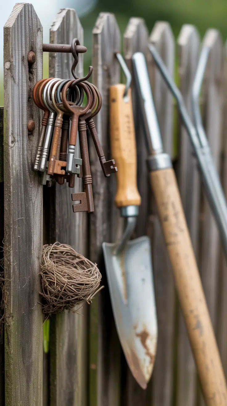 A cluttercore garden wooden fence. A collection of old, rusty metal keys hang from a cup hook. Tucked into a crack in the fence post is a small, weathered bird's nest