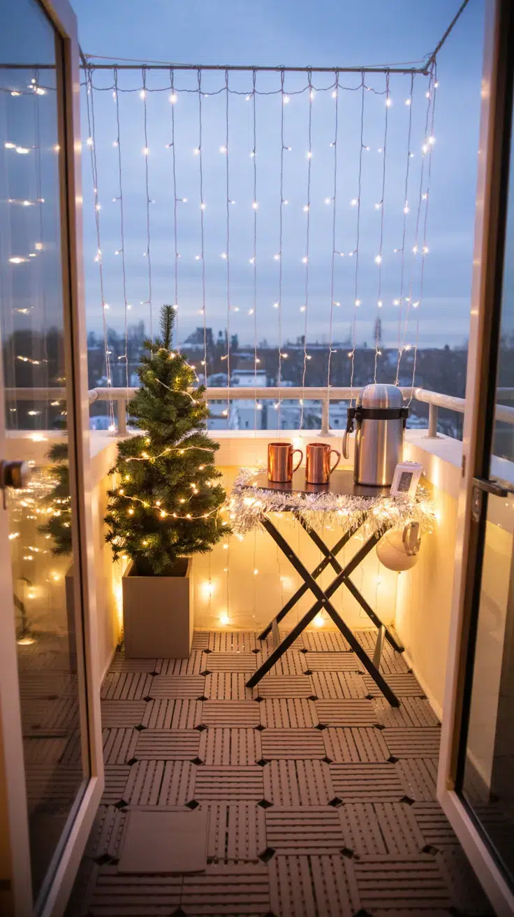 A transformed apartment Christmas balcony featuring curtain-string lights hung from a tension rod between the balcony walls, creating a "roof" of stars