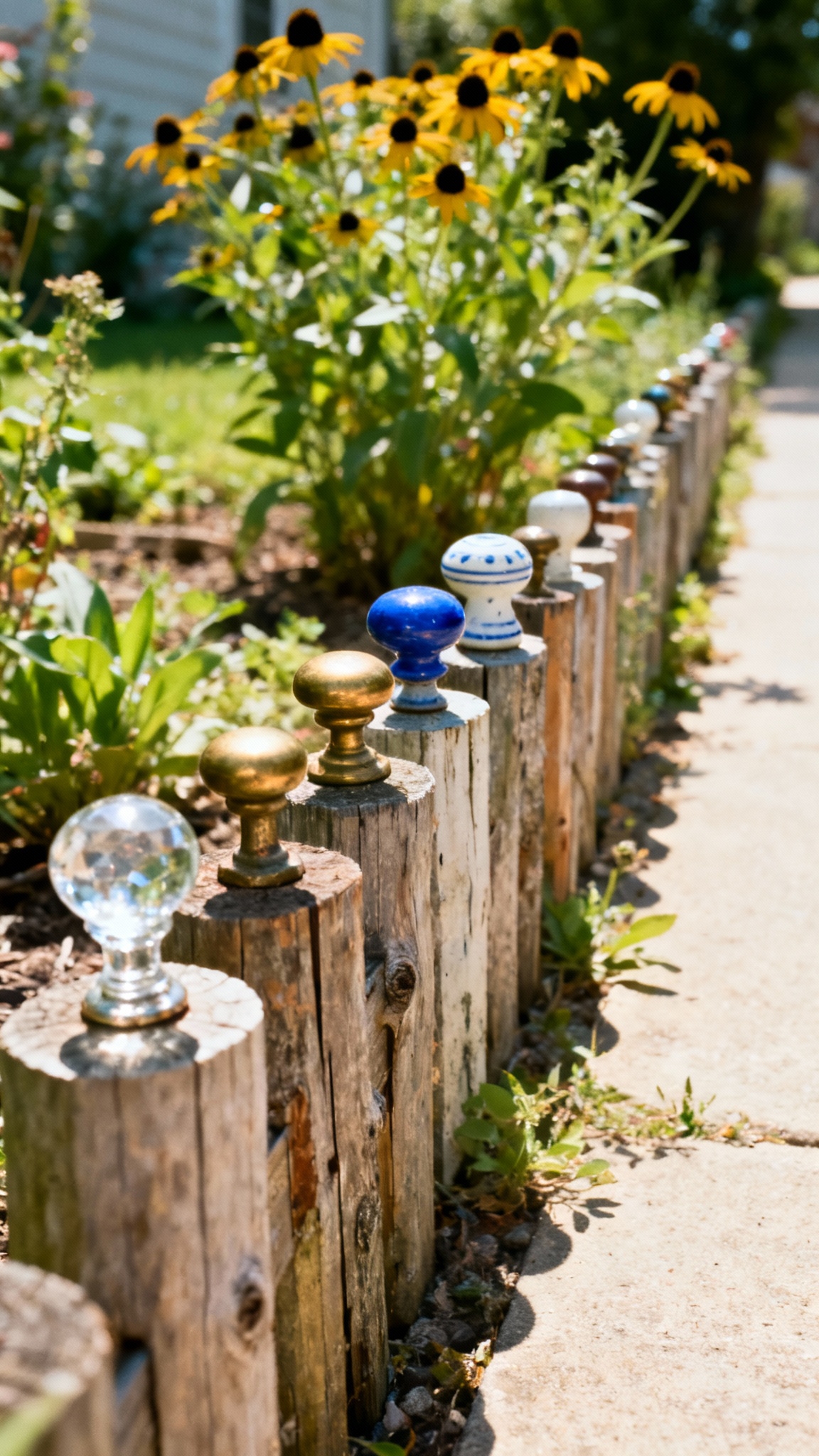 Low fence made of reclaimed wooden posts. At the top of each post is a unique, vintage doorknob—one is clear glass, another is brass, a third is porcelain blue. The fence runs alongside a garden path