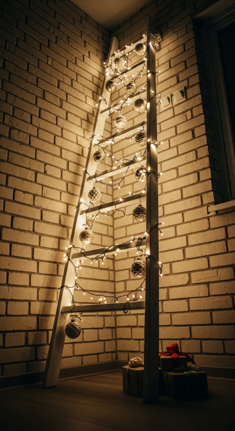 creative "ladder-Christmas tree" solution for a small Christmas balcony. A repainted white wooden ladder leans against the wall, wrapped with warm white LED lights and hung with shatterproof ornaments on each rung