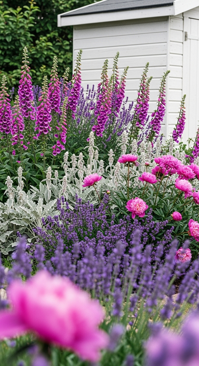 A cluttercore garden dominated by shades of purple and pink. Tall spires of purple foxglove stand behind bushy pink peonies and clusters of lavender. Interspersed are the silvery-grey leaves of lamb's ear and dusty miller