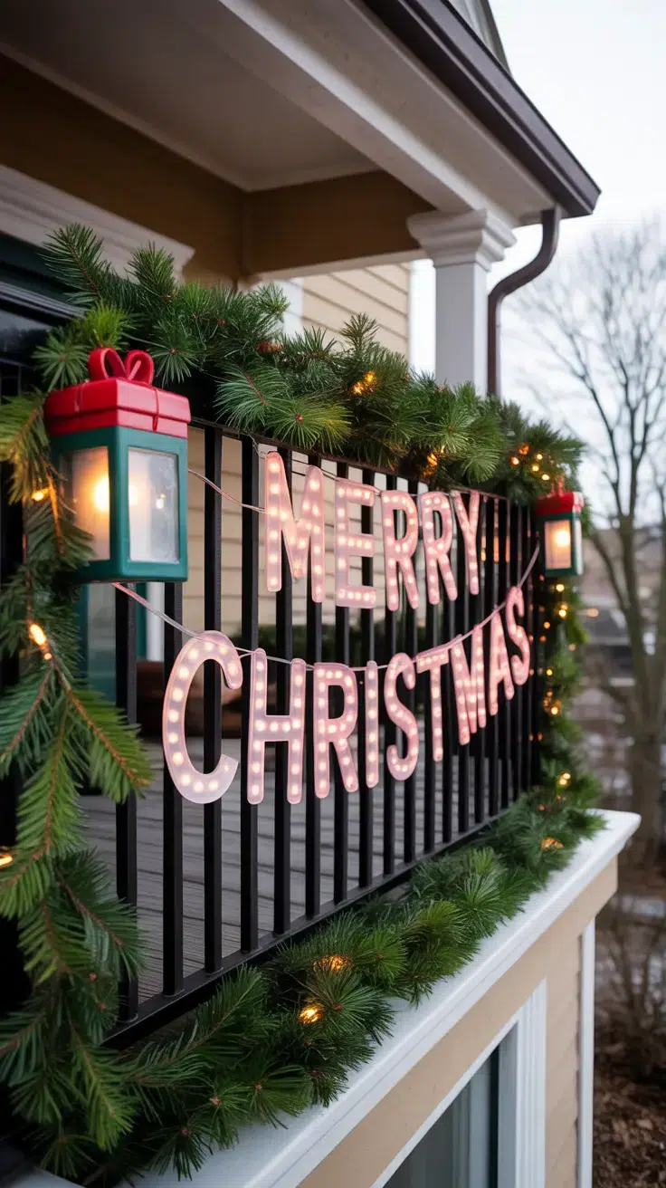 Christmas balcony transformed with alternating 18-inch noble fir swags and battery lanterns In the center, marquee letters spell "MERRY Christmas
