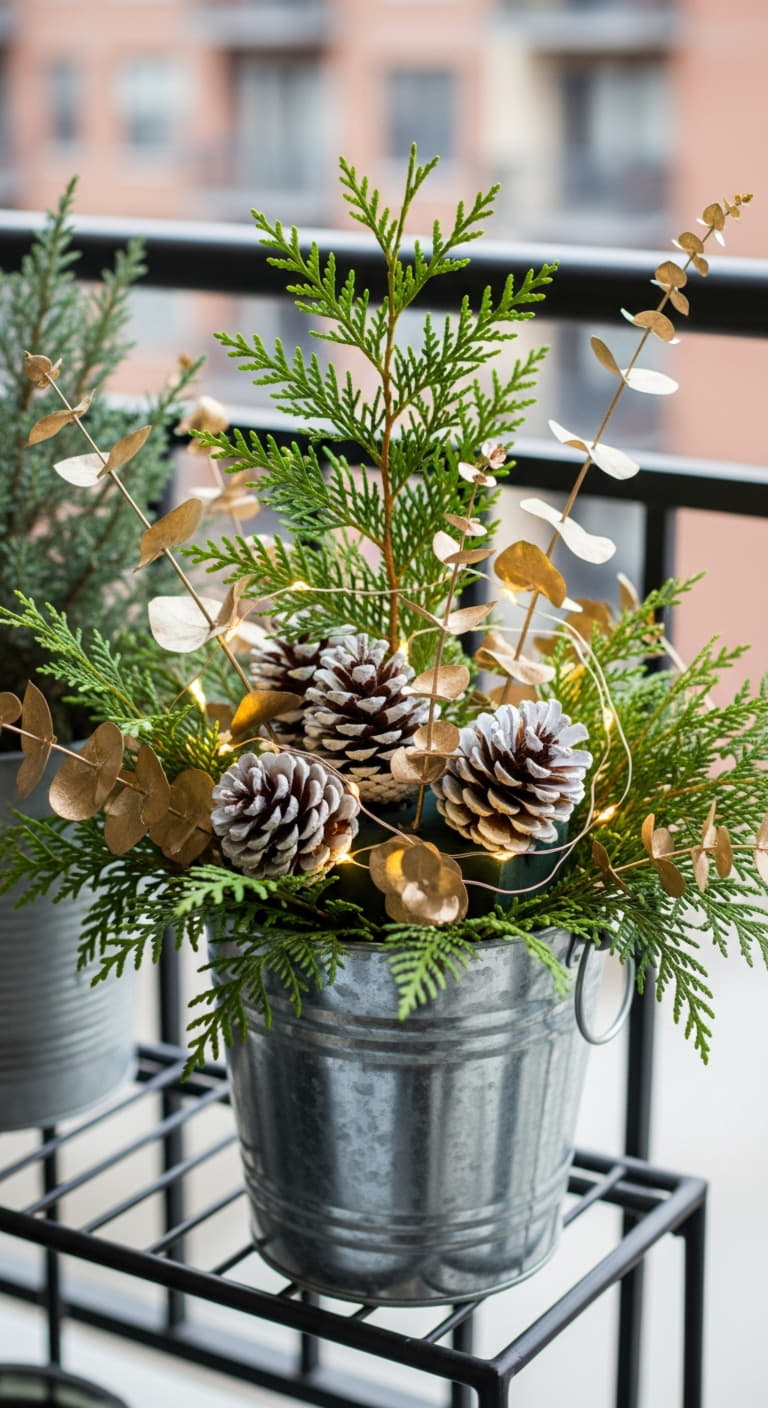 Christmas balcont: Galvanized champagne tub arranged as a quick centerpiece on a balcony plant stand. The tub contains soaked floral foam with 18-inch cedar snippets arranged in a loose mound, three white pinecones, three gold-sprayed eucalyptus stems,