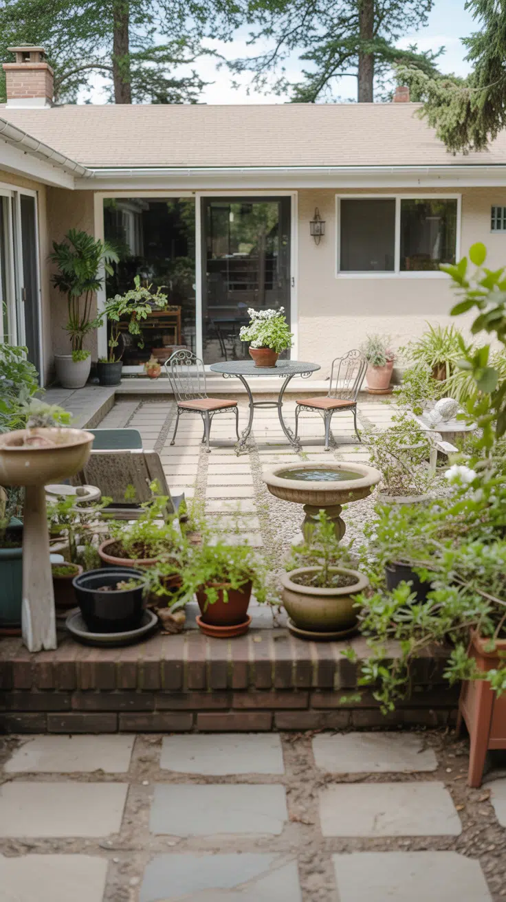 A cluttercore garden featuring a patio area full of plants and objects, but feels intentionally arranged. A collection of pots sits on a low brick wall, a wrought-iron table and two chairs provide a seating area, and a birdbath