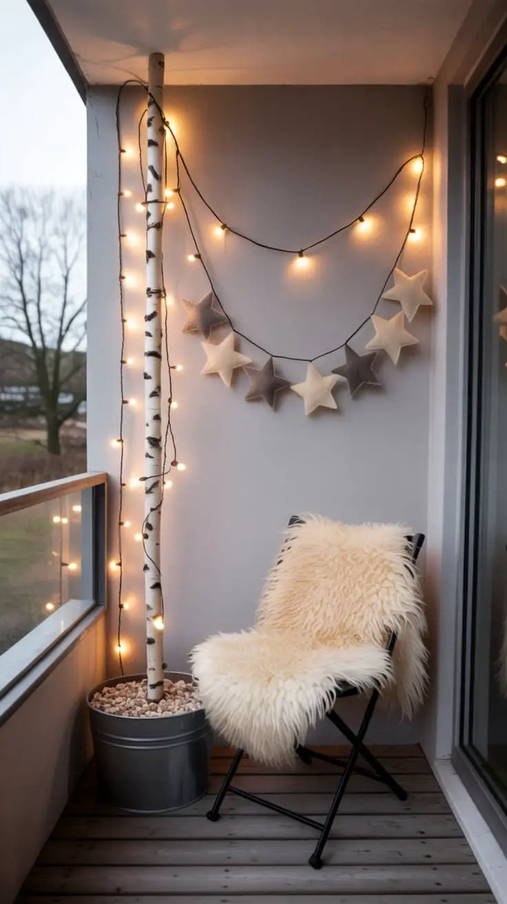 A minimalist Scandinavian-style Christmas balcony featuring a 4-foot untreated birch pole anchored in a bucket of pea gravel as a "tree."