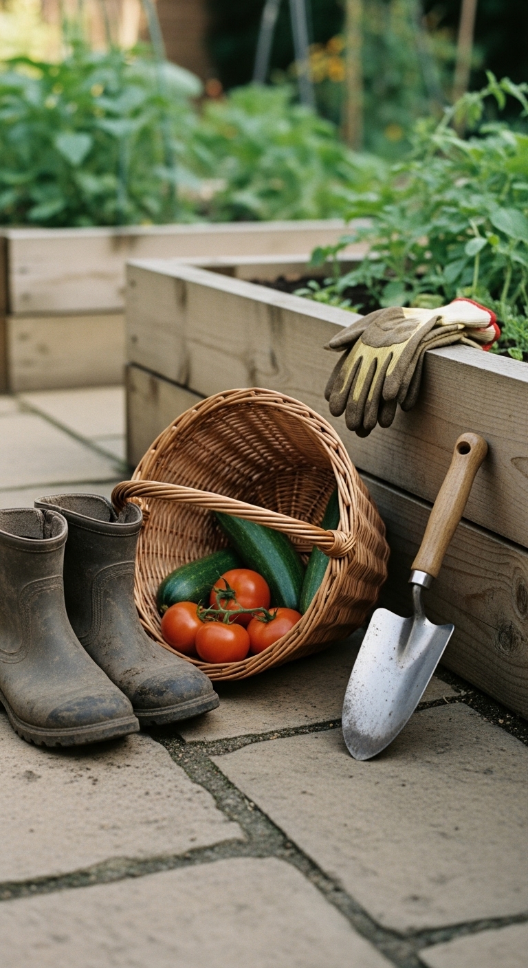 A cluttercore garden: gardening boots sit next to an overturned wicker basket full of freshly harvested tomatoes and zucchini. A pair of gardening gloves and a hand trowel
