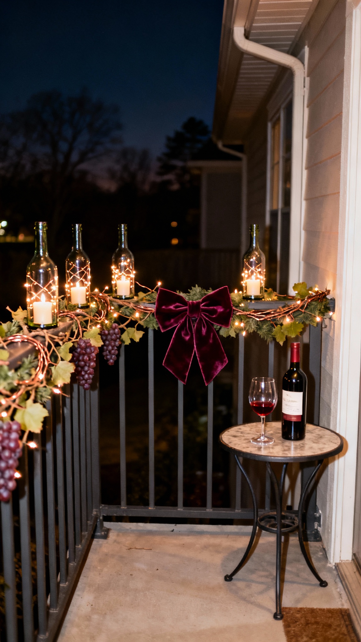 Christmas balcony "Winter Winery" theme with grapevine garland wrapped with miniature LED copper-wire lights along the railing. Empty wine bottles serve as candle hurricanes with lights threaded inside