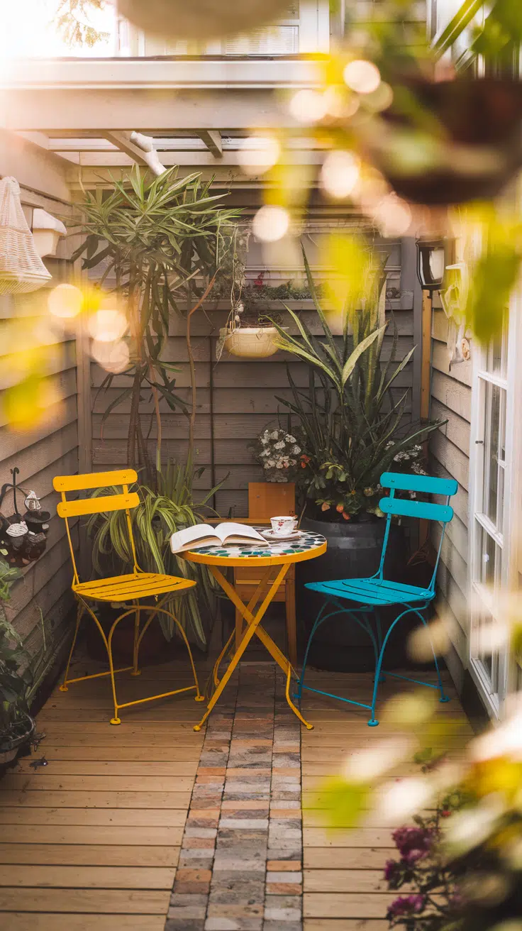 A cluttercore garden. A brightly colored, mismatched set of vintage metal chairs—one yellow, one turquoise—sit around a small mosaic-topped table.