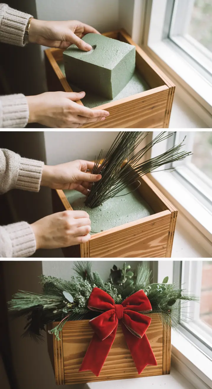 Collage showing the creation of an easy Christmas window box.