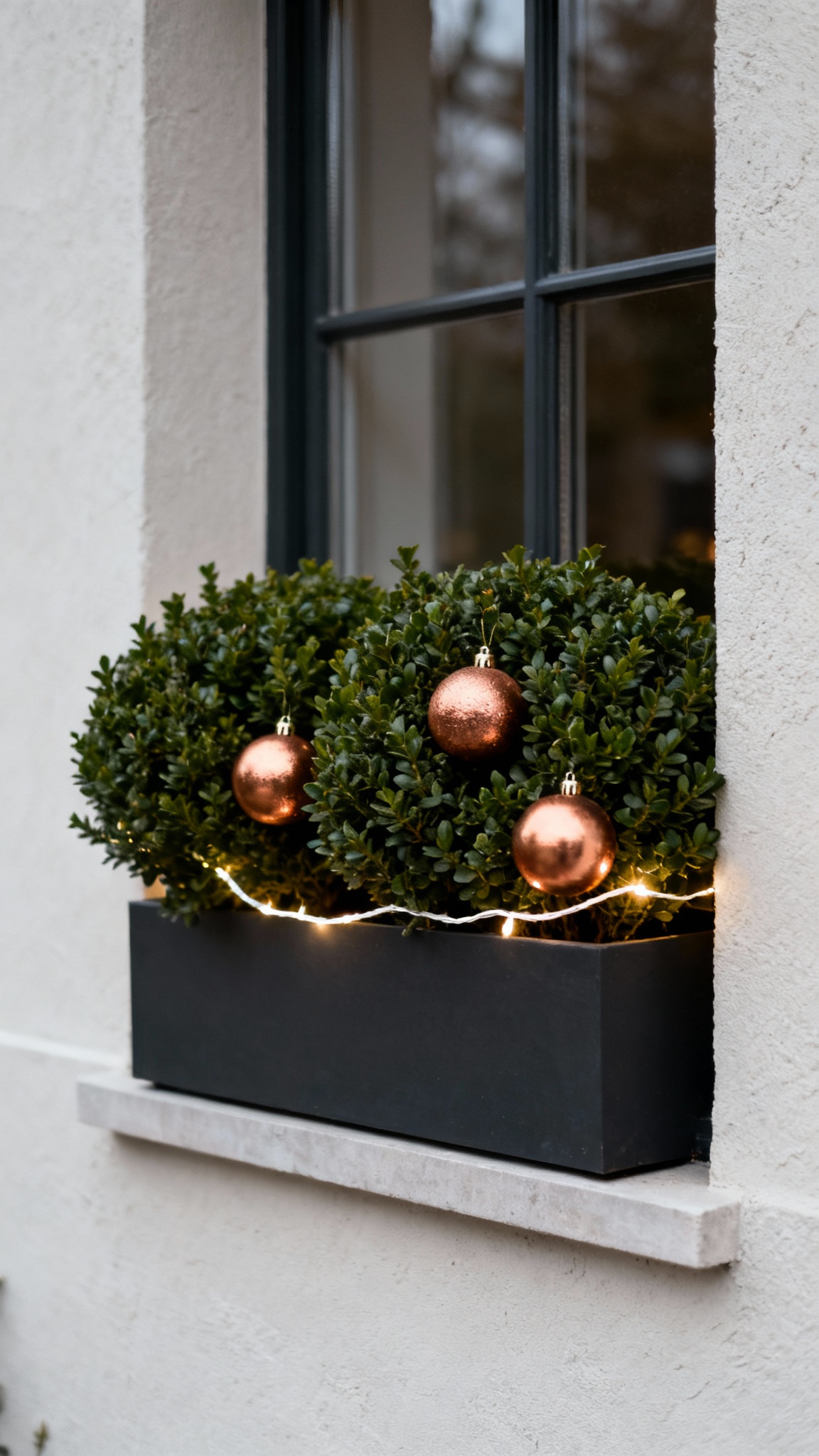 Christmas window box with manicured boxwood and three gold ball ornaments