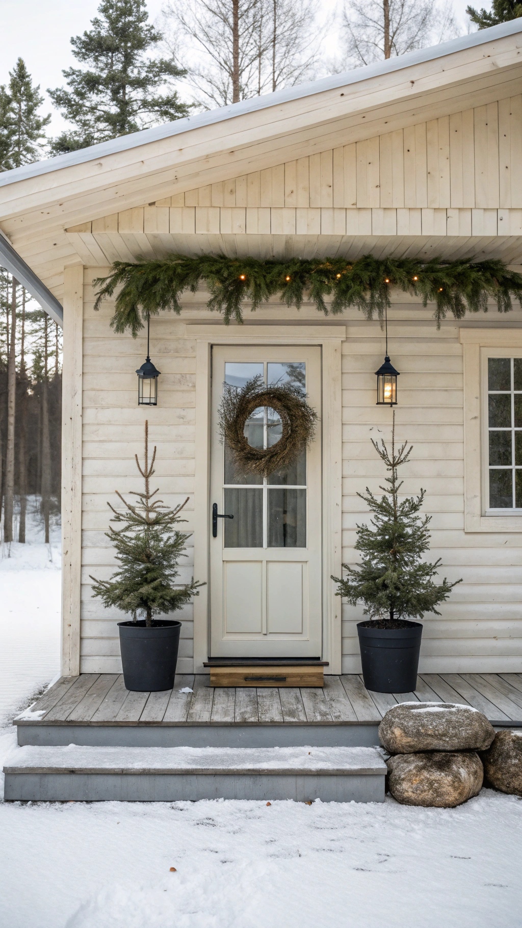 Minimalist Christmas porch. A single, unadorned wreath made of bare birch branches hanging on a door. Two identical, simple black pots with unlit dwarf spruce trees