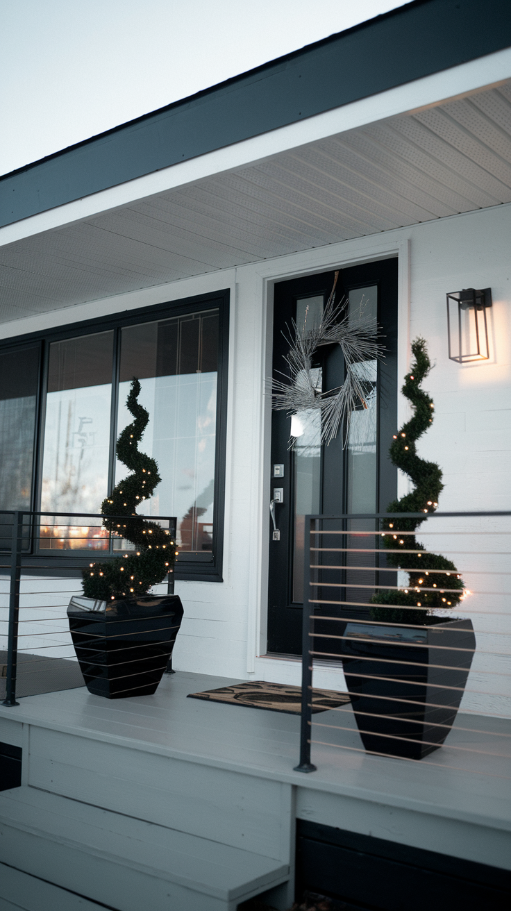 Christmas porch modern aesthetic. Two sleek, black fiberglass planters hold pre-lit spiral topiaries. The front door is matte black with a simple, geometric wreath made of silver-painted twigs