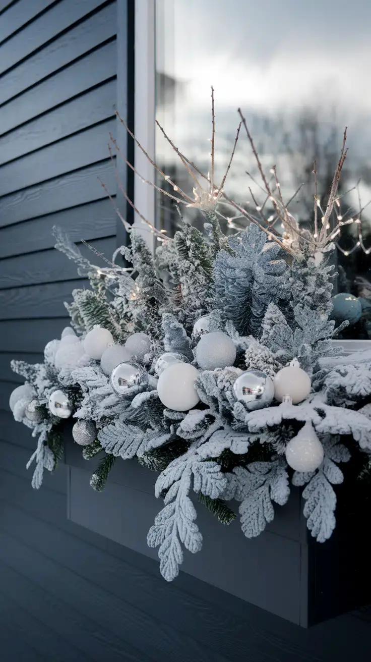 Monochromatic window box featuring blue spruce and dusty miller. It's decorated with silver and white baubles