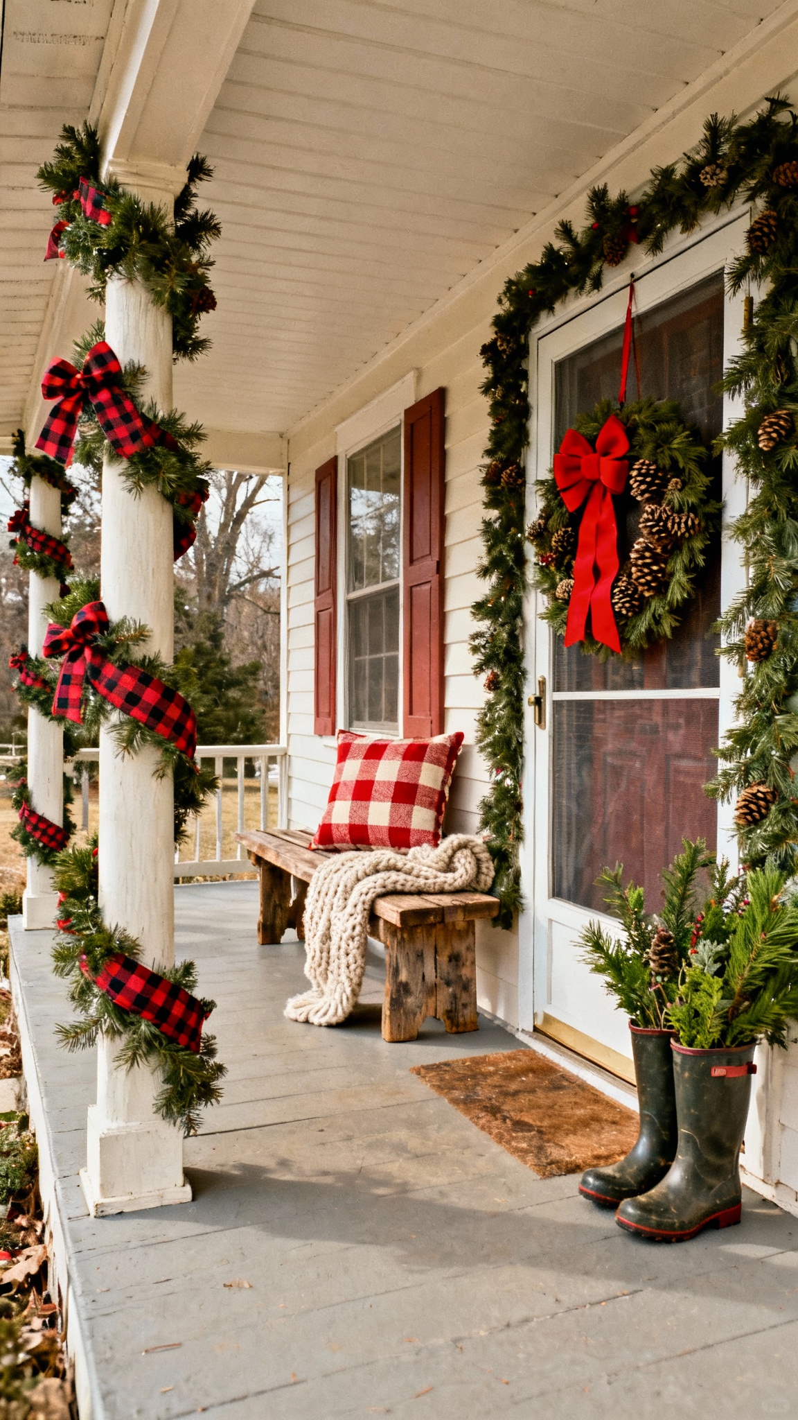Rustic Christmas porch with a thick pine garland traditional and rustic. A thick pine garland and large pine wreath with red bow