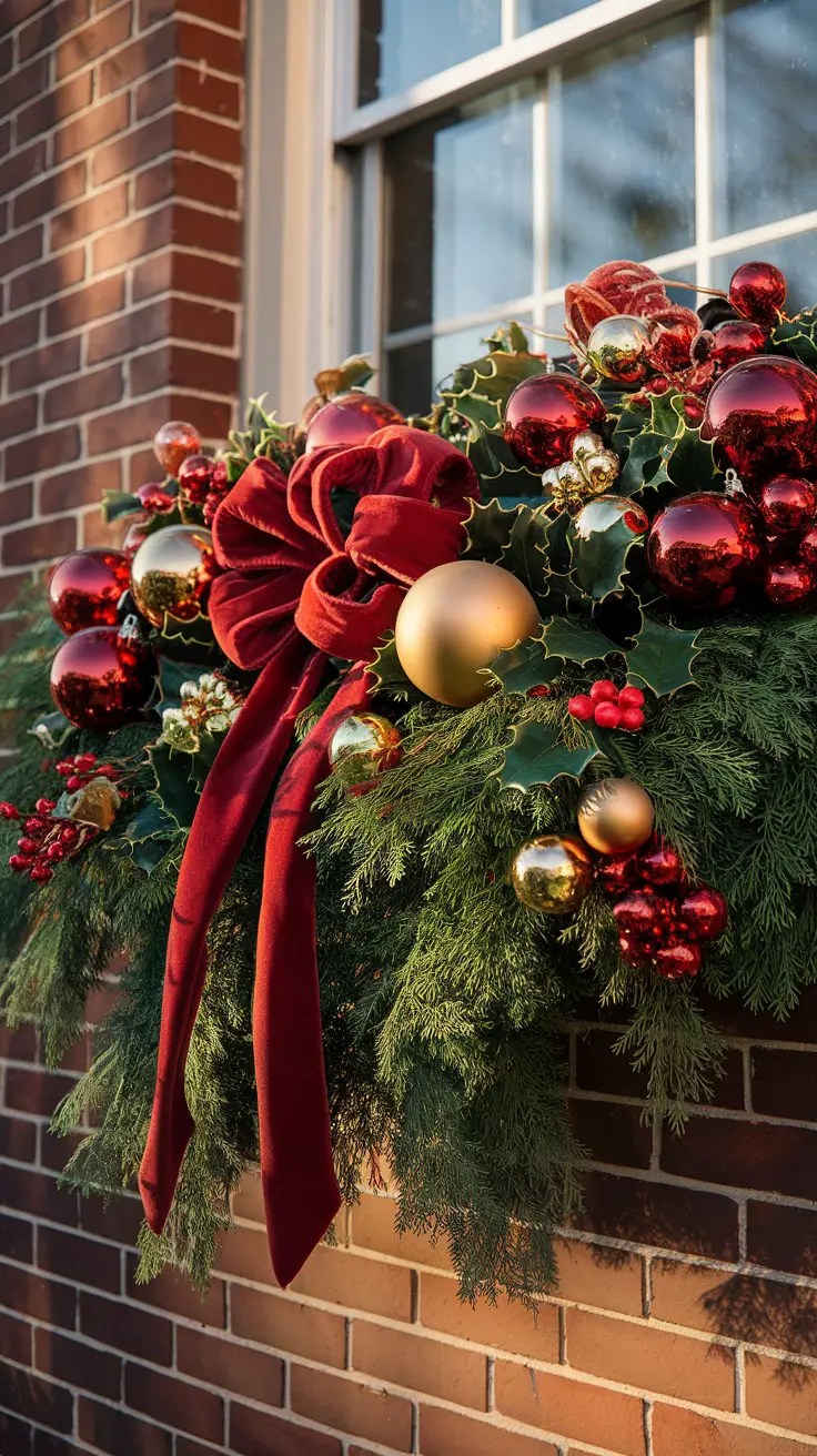 Christmas window box filled with green fir, bright red berries, large red and gold ornaments, and a red velvet bow