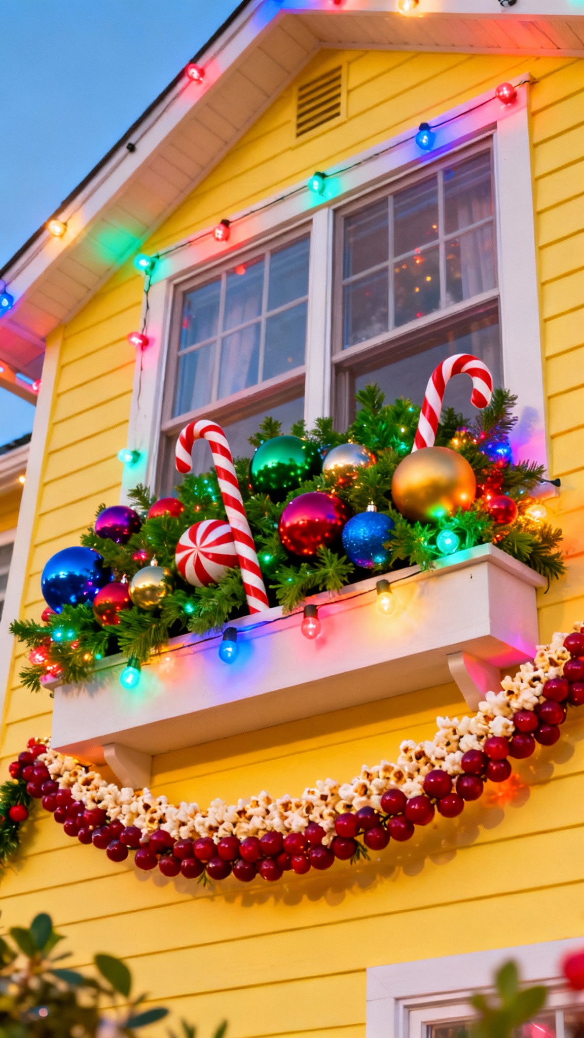 Colorful window box with vibrant greenery, large multi-colored ornaments, candy canes, and bright multi-colored lights.