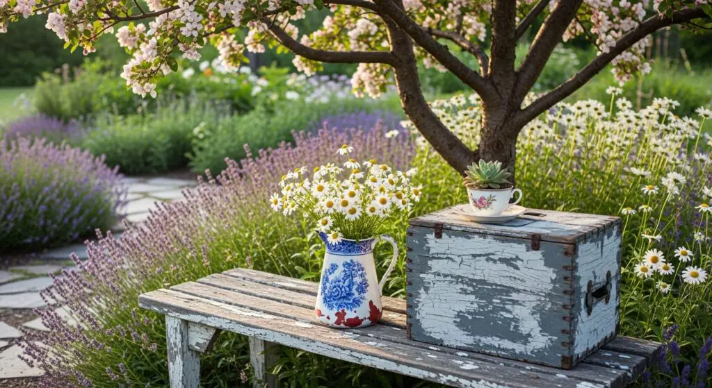 Flea Market Garden: weathered, peeling-paint wooden bench under a flowering crabapple tree. On the bench a chipped blue and white porcelain pitcher filled with fresh-cut daisies, old distressed and weathered crate, on top of which a tarnished silver teacup holding a small succulent