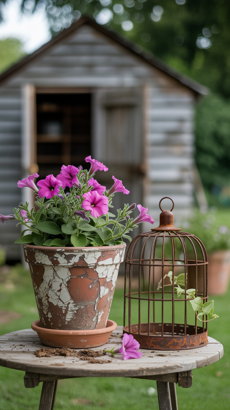 Flea market garden vignette on an old wooden side table a heavily chipped terracotta pot, with crazed glaze, overflowing magenta petunias. Next to it a small, rusted metal birdcage