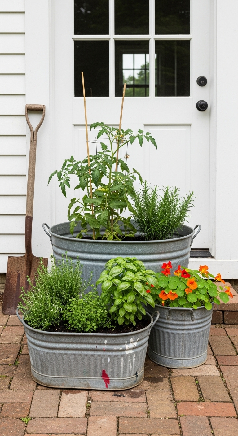 Flea market garden: cluster of three old, galvanized washtubs of varying sizes. Growing is tomato plant. a mix of culinary herbs—basil, rosemary, and thyme