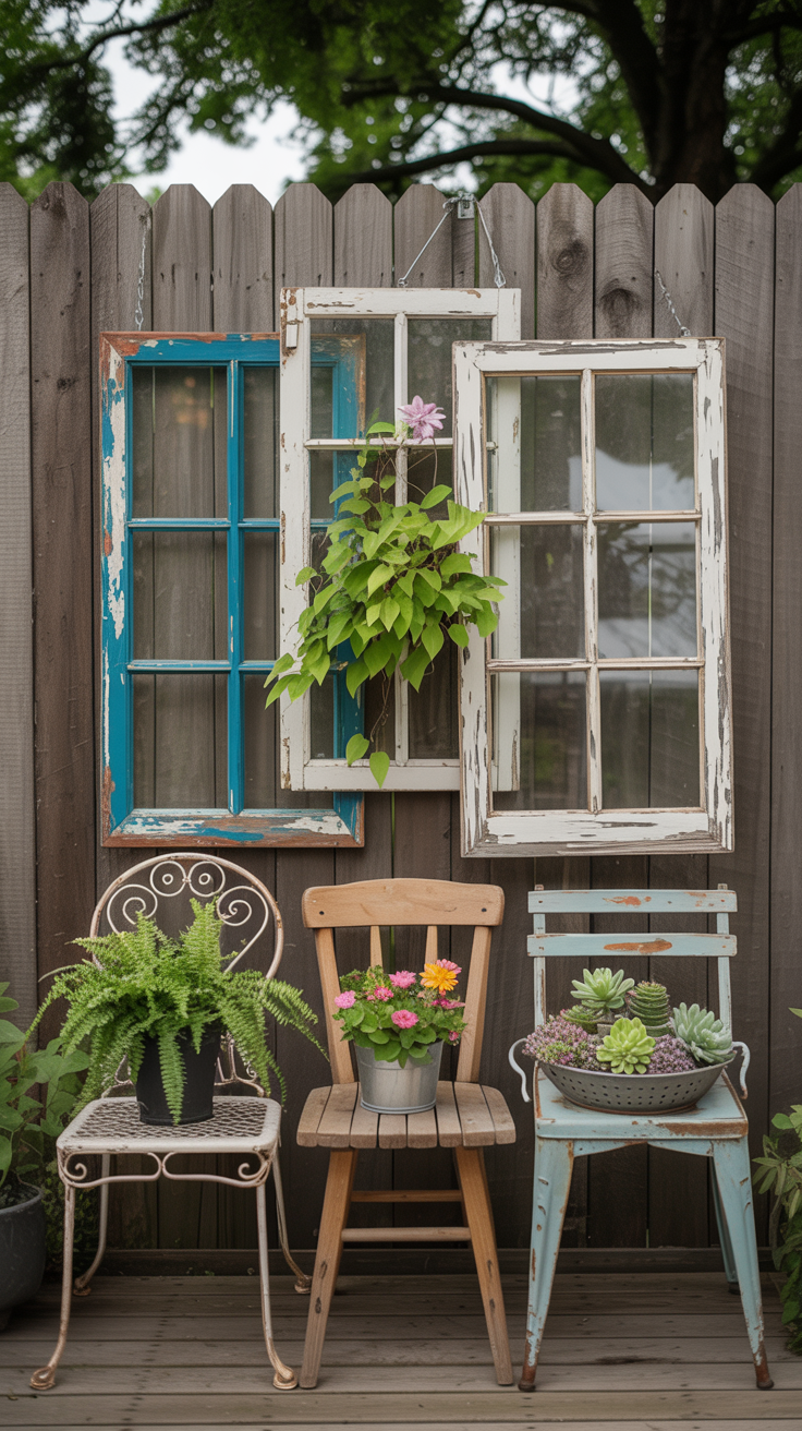 flea market garden: different-sized vintage window frames in various states of paint, hung at different heights. A clematis vine climbs through the panes of the middle window