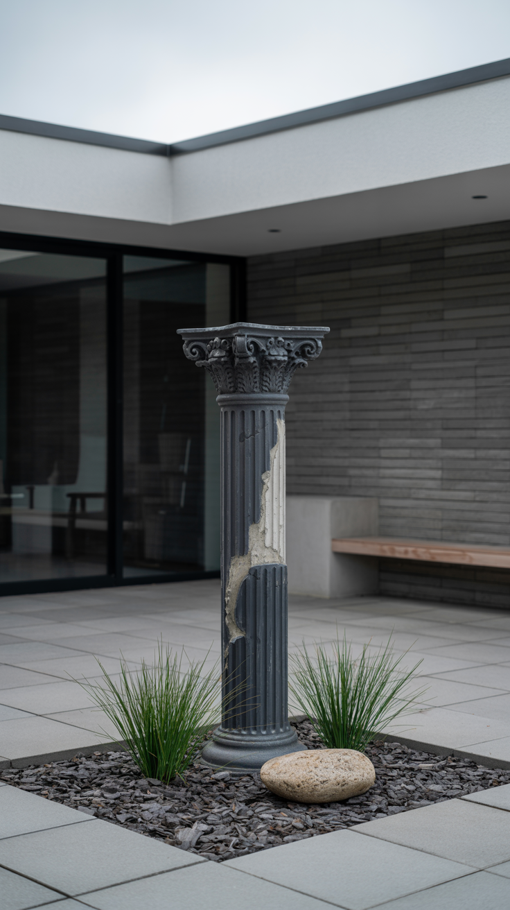 Flea market garden: minimalist patio area of a modern home with a focal point of a single, old, salvaged Corinthian-style column, that is damaged in places and painted a matte charcoal gray